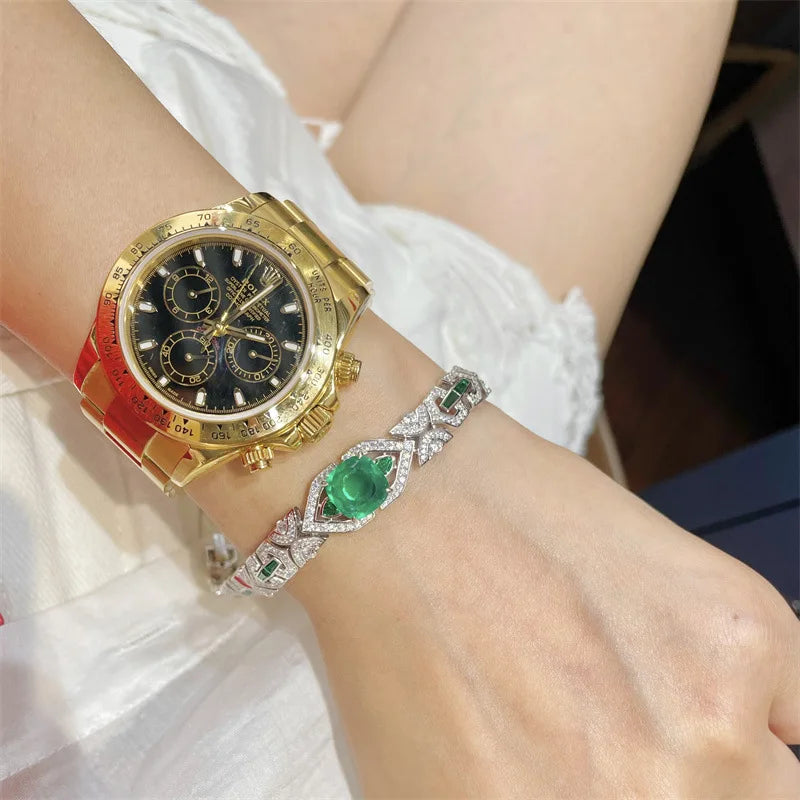 925 Sterling Silver Emerald High Carbon Diamonds Gemstone Bracelet