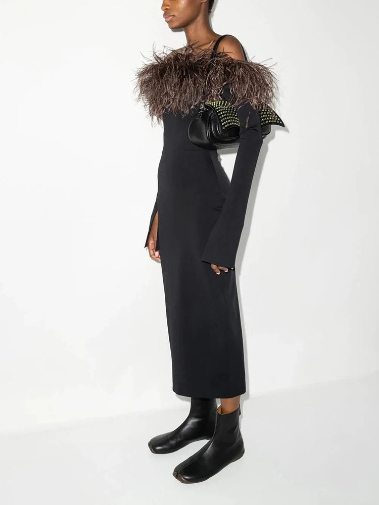 Off Shoulder Feather Sleeve Dress