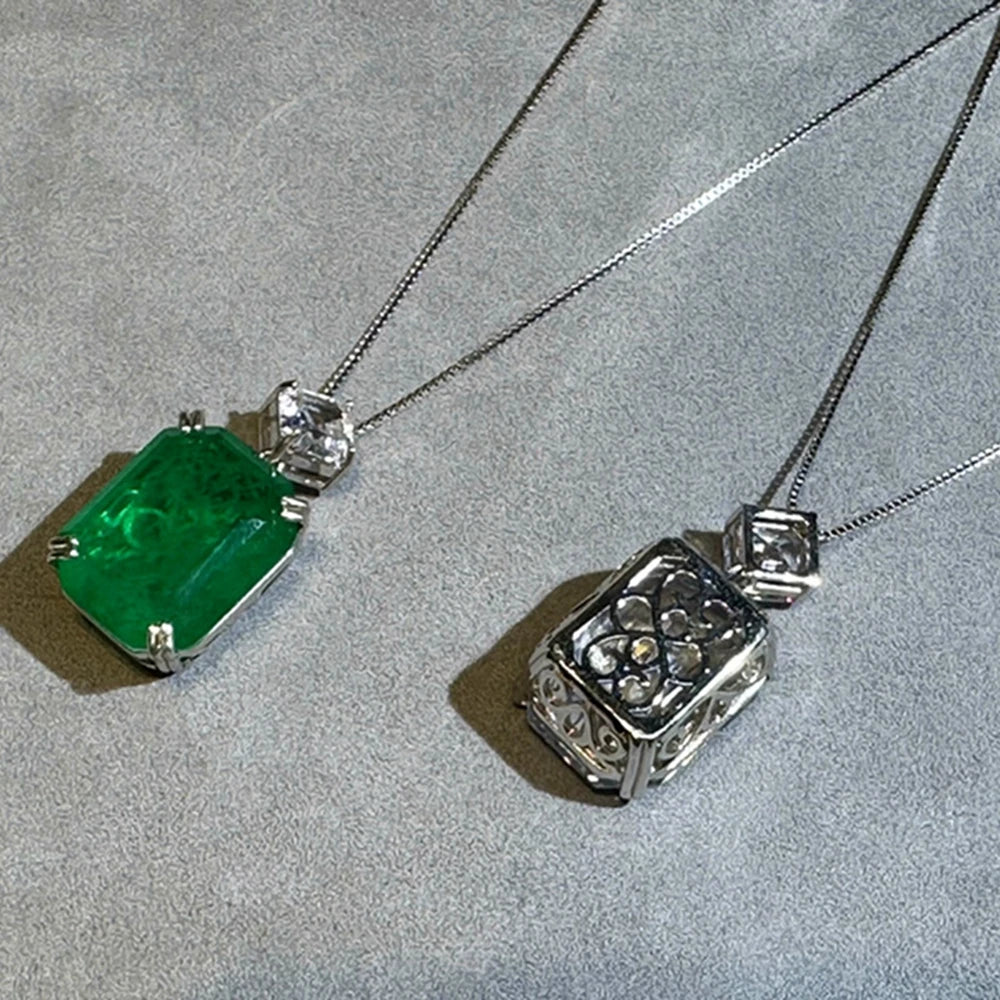 100% 925 Sterling Silver Sugar-loaf Cut 17*22 MM 22CT Emerald High Carbon Diamond Gems Pendant Necklace