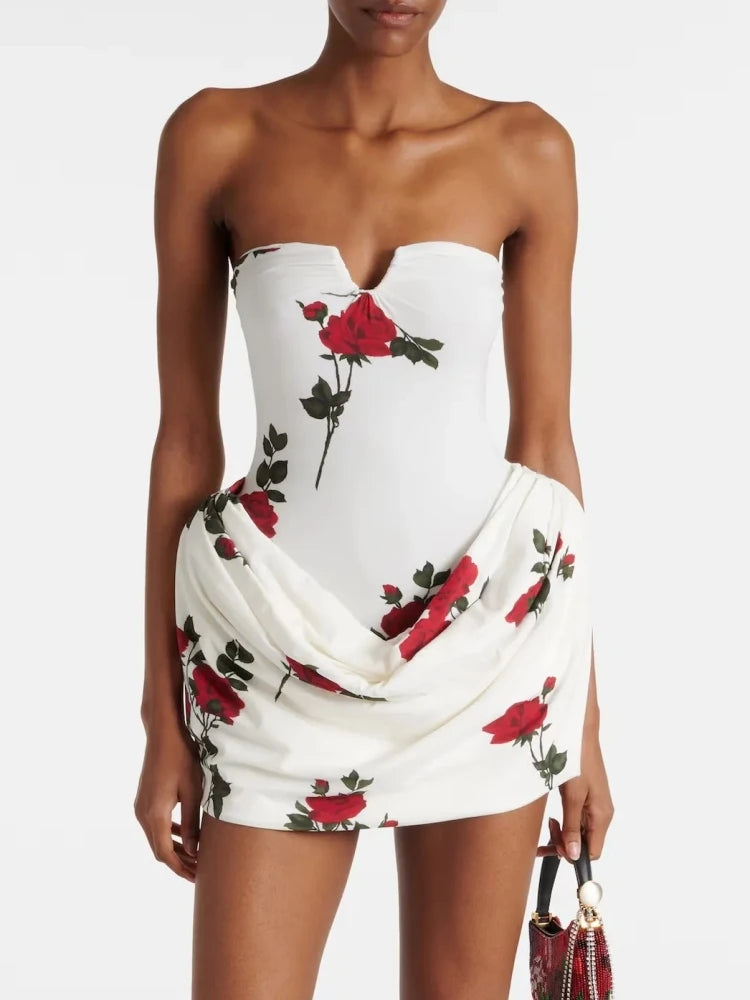 Strapless Flower Printed Mini Dress
