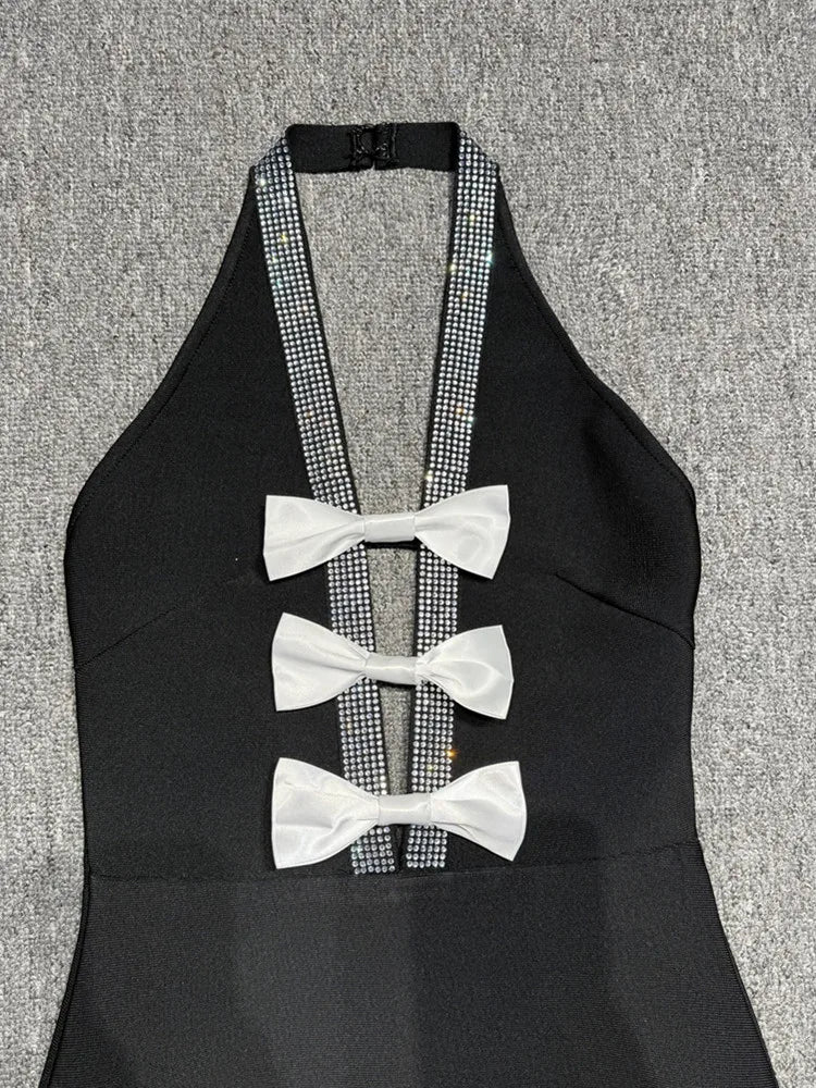 Halter Bow Tie Black Midi Dress