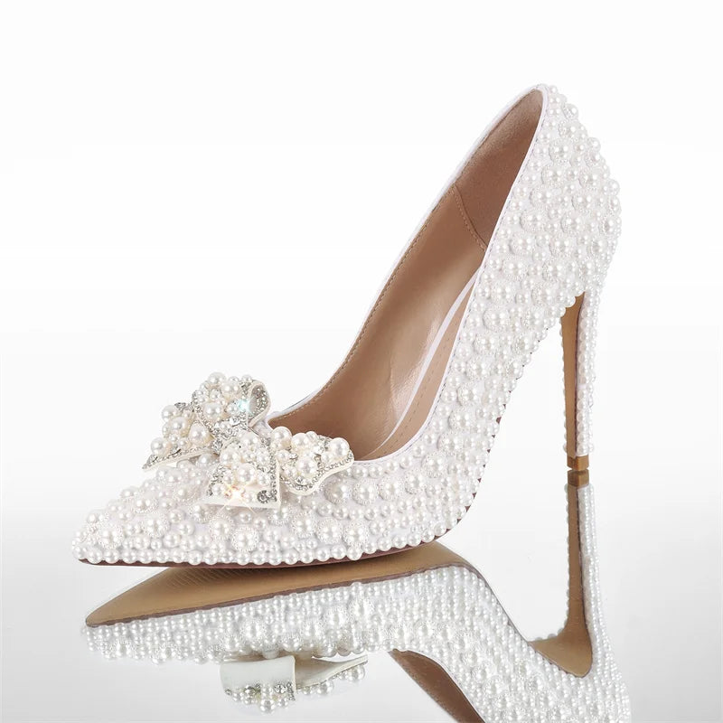 White Bridal Pumps Slip-On Pearl Crystal 11CM