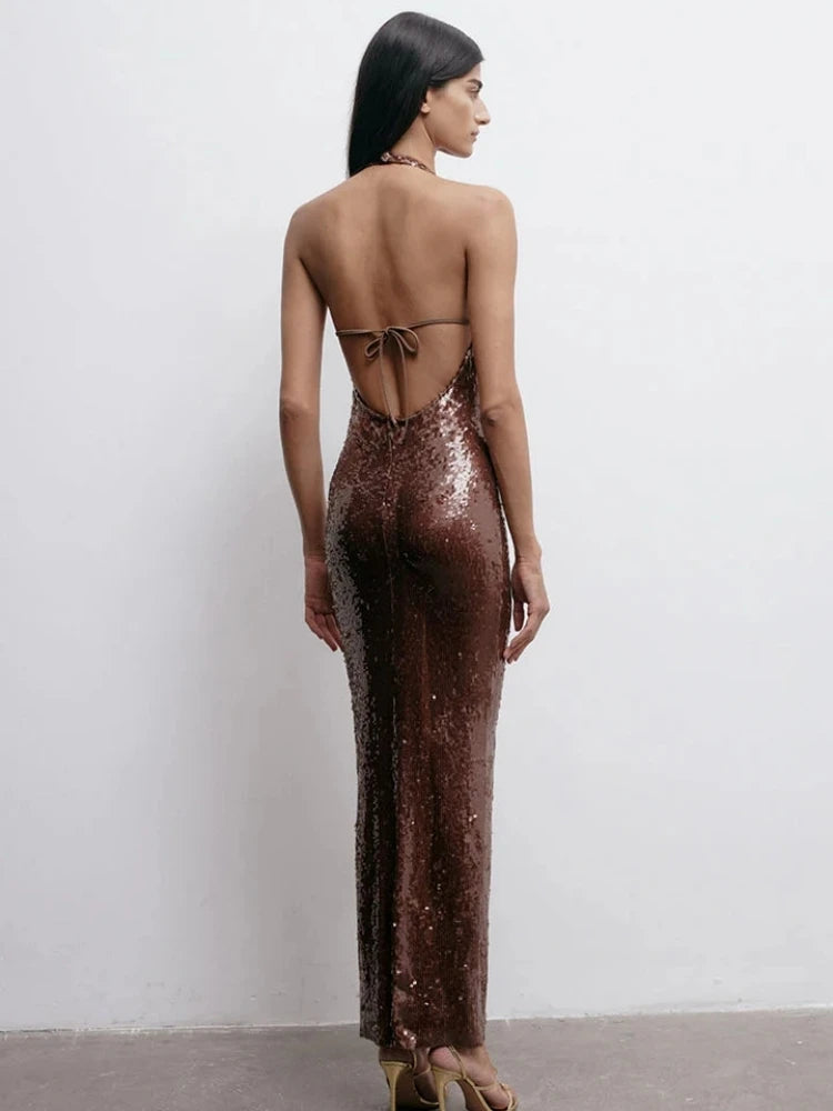Halter Neck Backless Sequins Dress