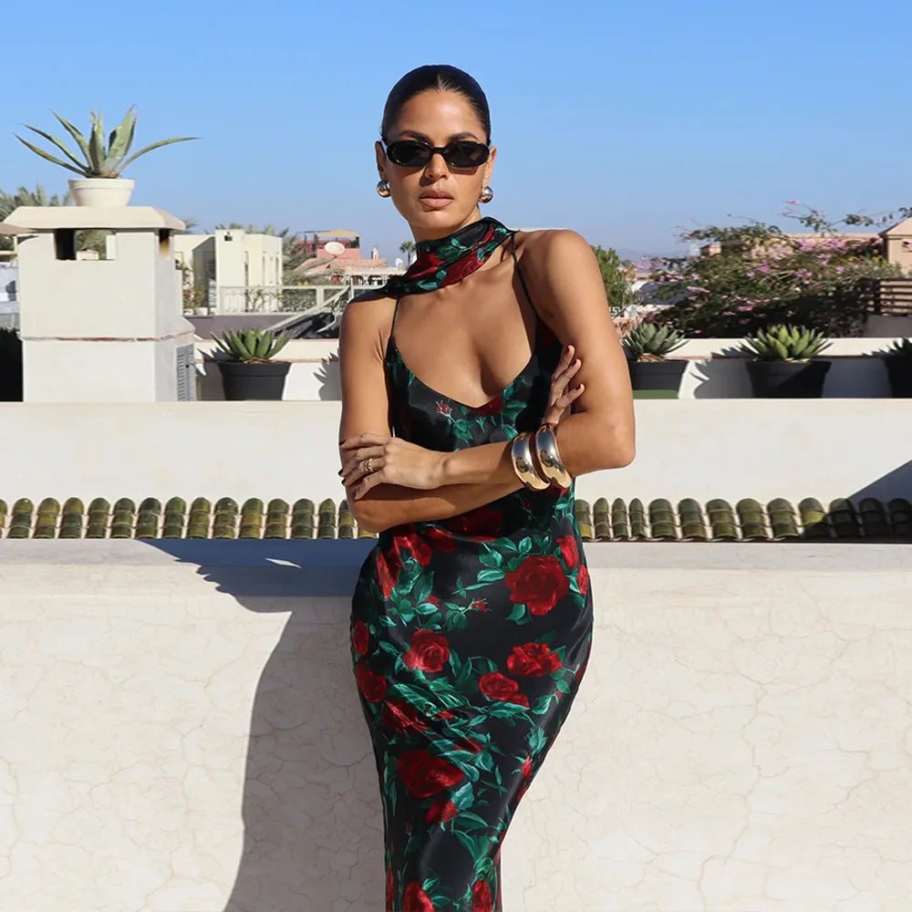 Floral Print V Neck Scarf Draped Dress