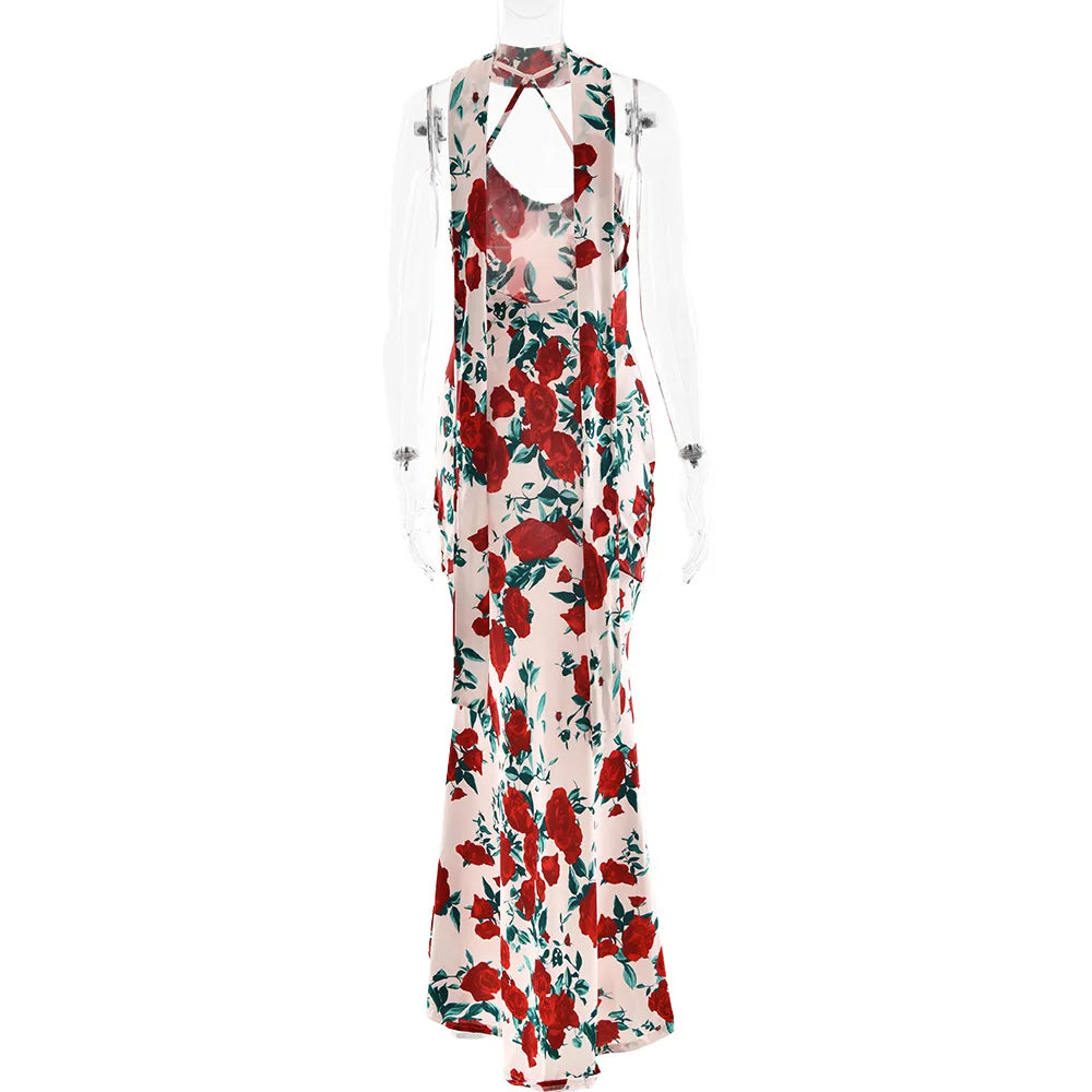Floral Print V Neck Scarf Draped Dress