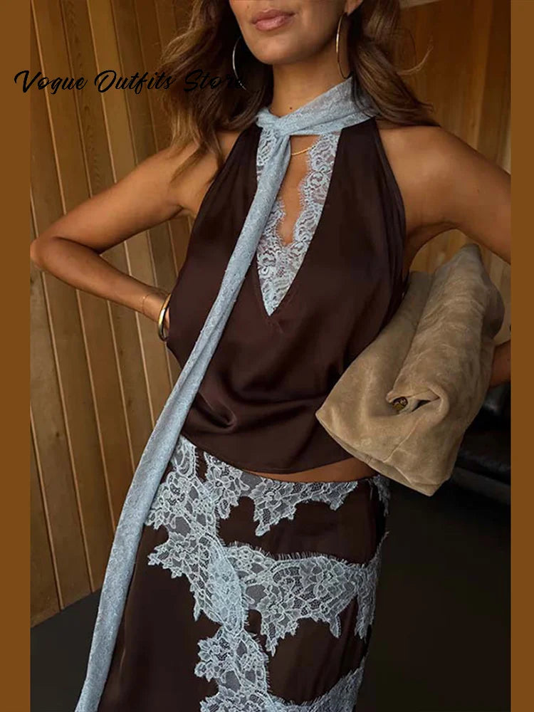 Elegant Lace Patchwork Vest Skirt Set