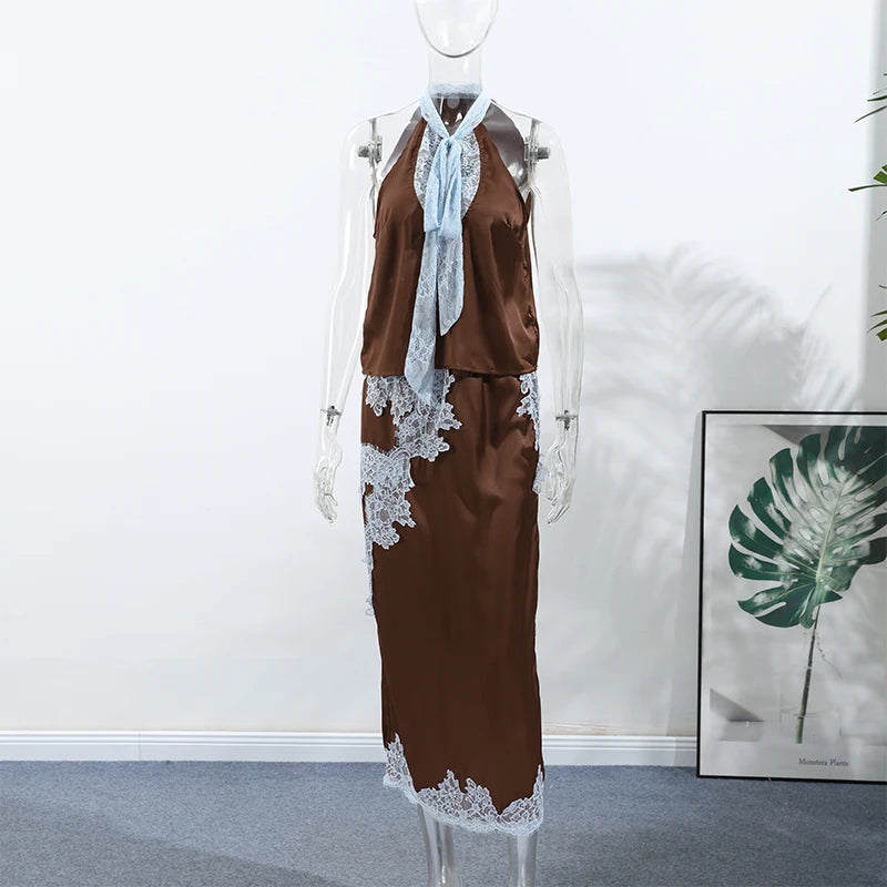 Elegant Lace Patchwork Vest Skirt Set