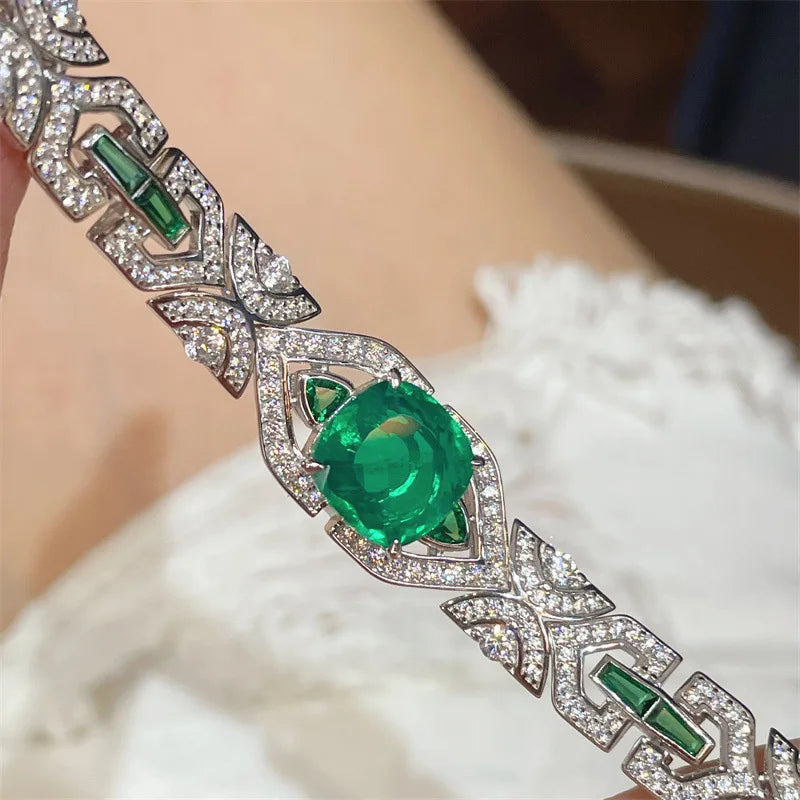 925 Sterling Silver Emerald High Carbon Diamonds Gemstone Bracelet