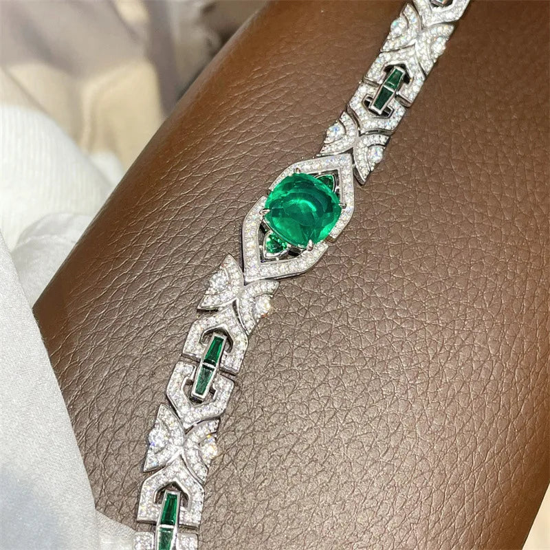 925 Sterling Silver Emerald High Carbon Diamonds Gemstone Bracelet