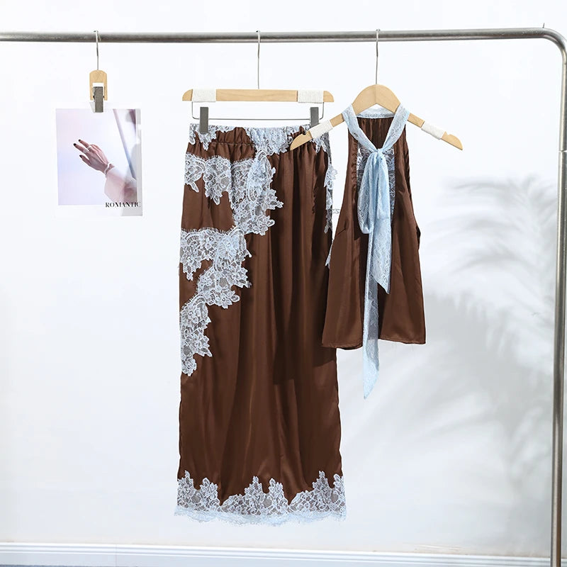 Elegant Lace Patchwork Vest Skirt Set