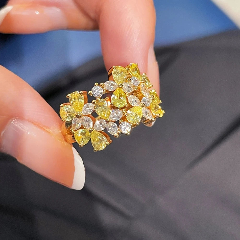 18K Gold Plated 925 Sterling Silver Citrine High Carbon Diamonds Cocktail Party Ring