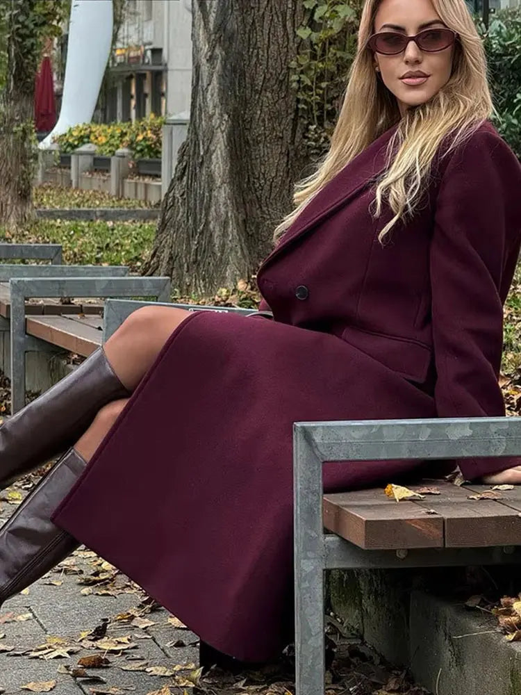 Burgundy Wool Coat Double Breasted