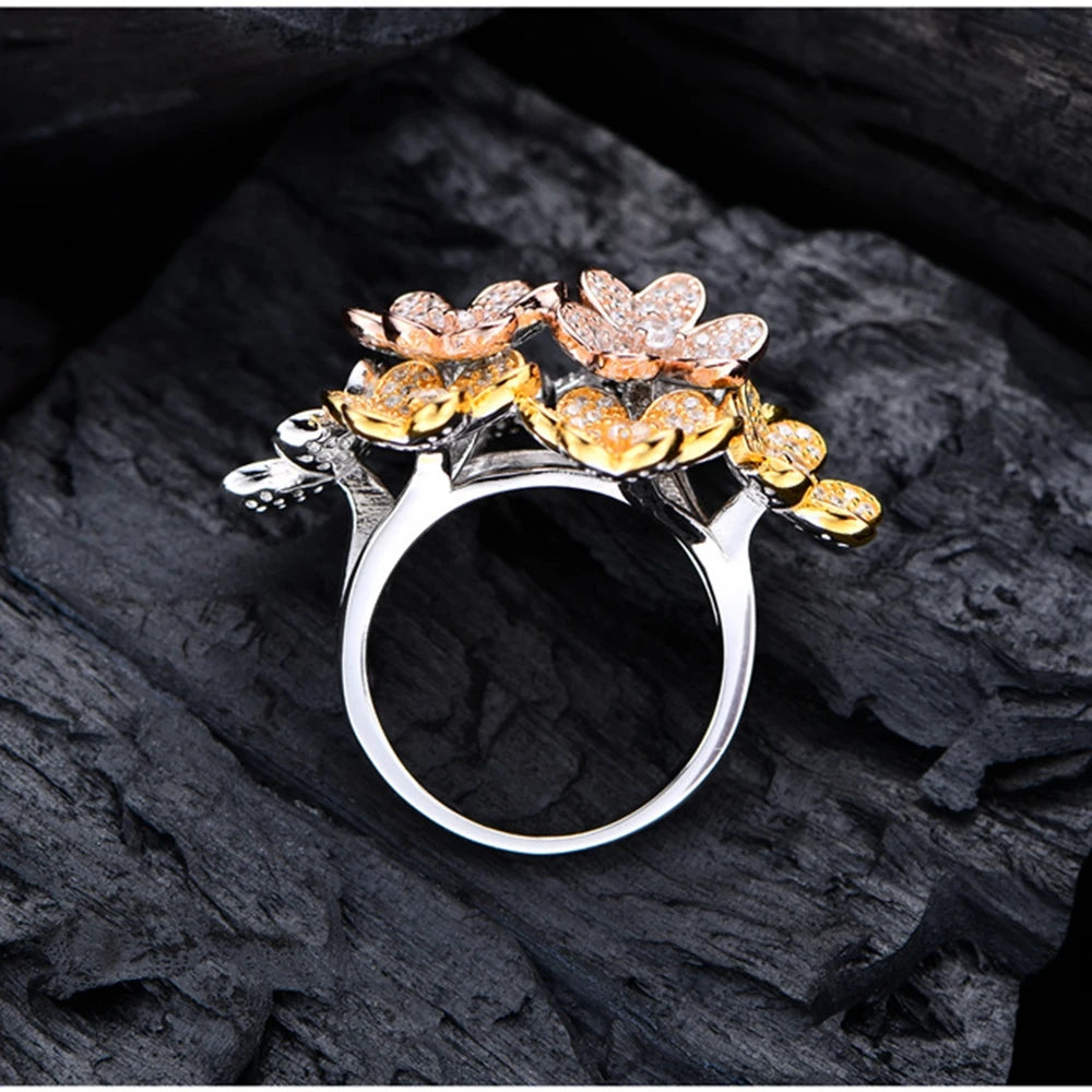925 Sterling Silver Flowers High Carbon Diamond 18K Gold Plated Ring