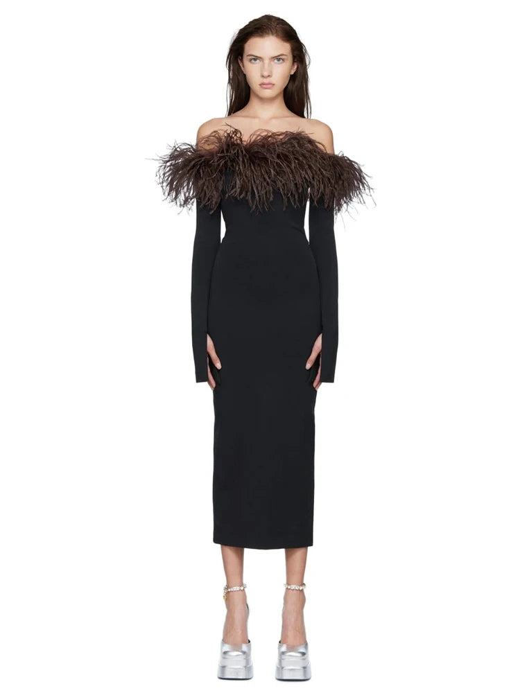 Off Shoulder Feather Sleeve Dress