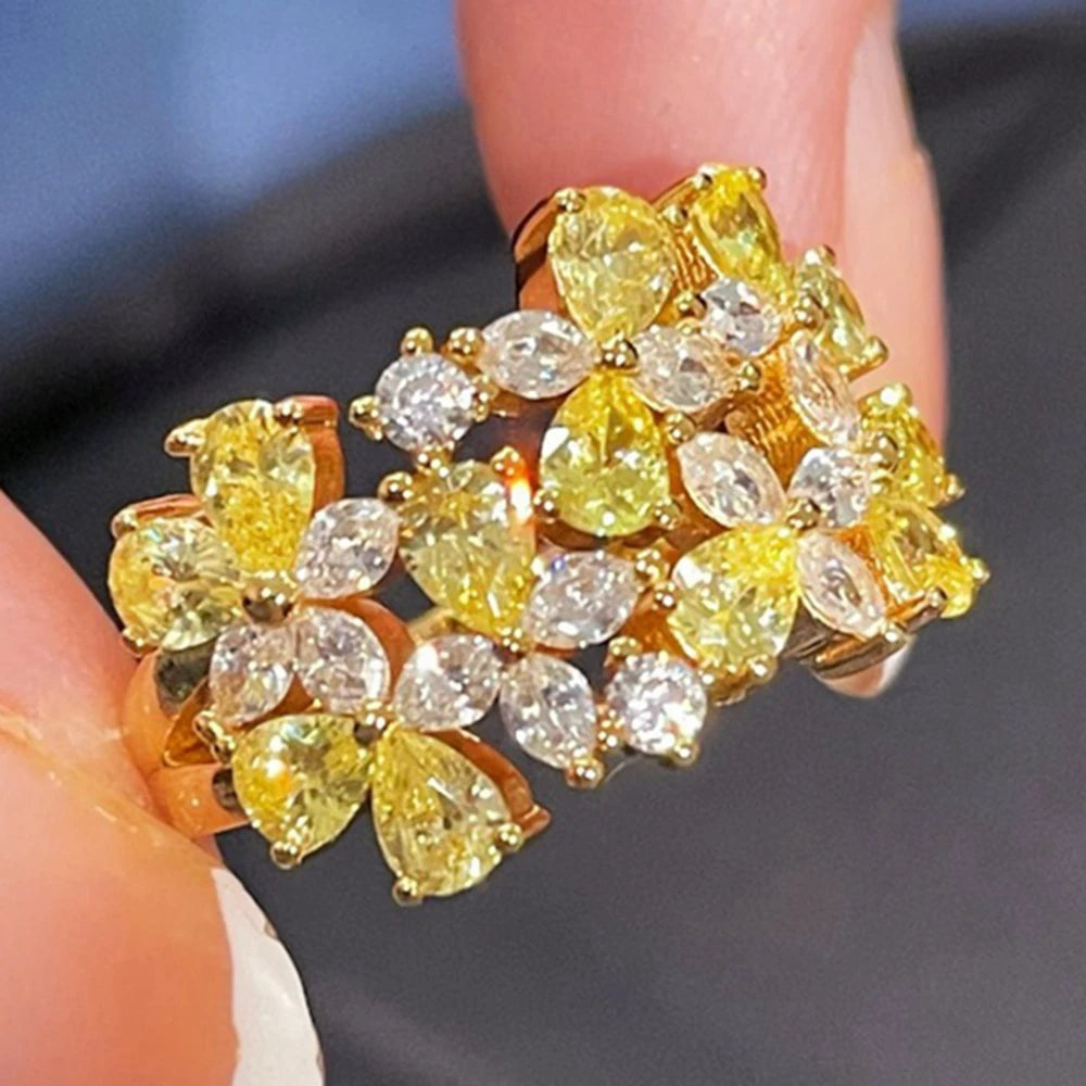 18K Gold Plated 925 Sterling Silver Citrine High Carbon Diamonds Cocktail Party Ring