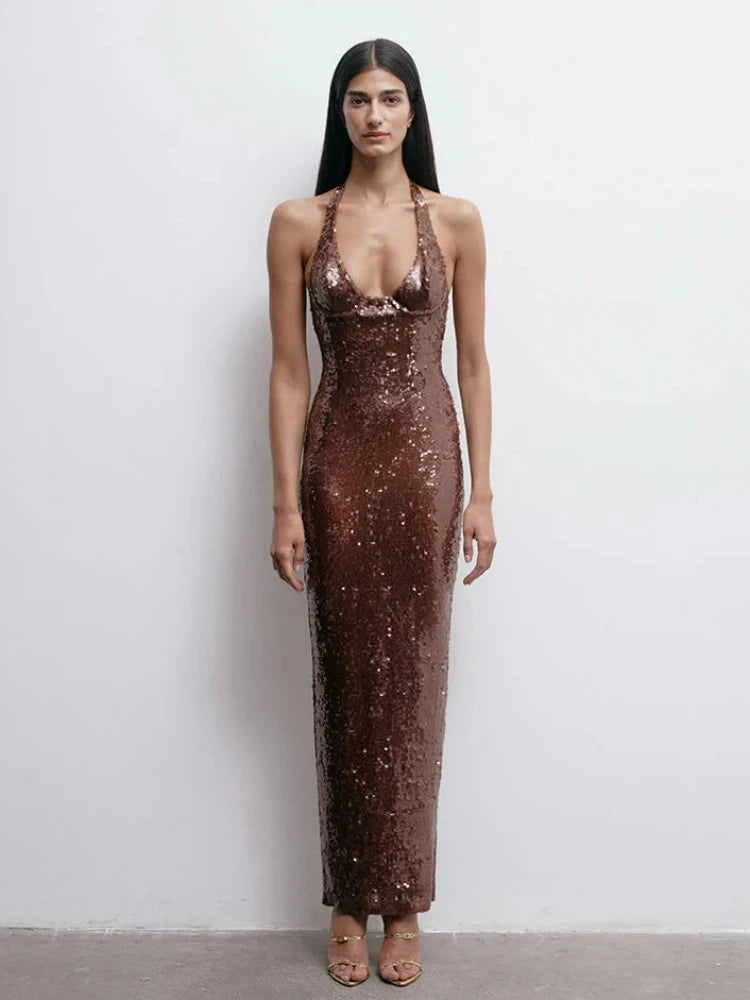Halter Neck Backless Sequins Dress