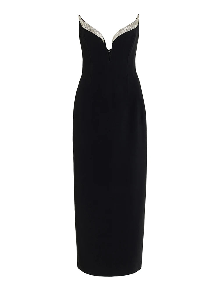 Strapless V Neck Diamonds Bandage Dress