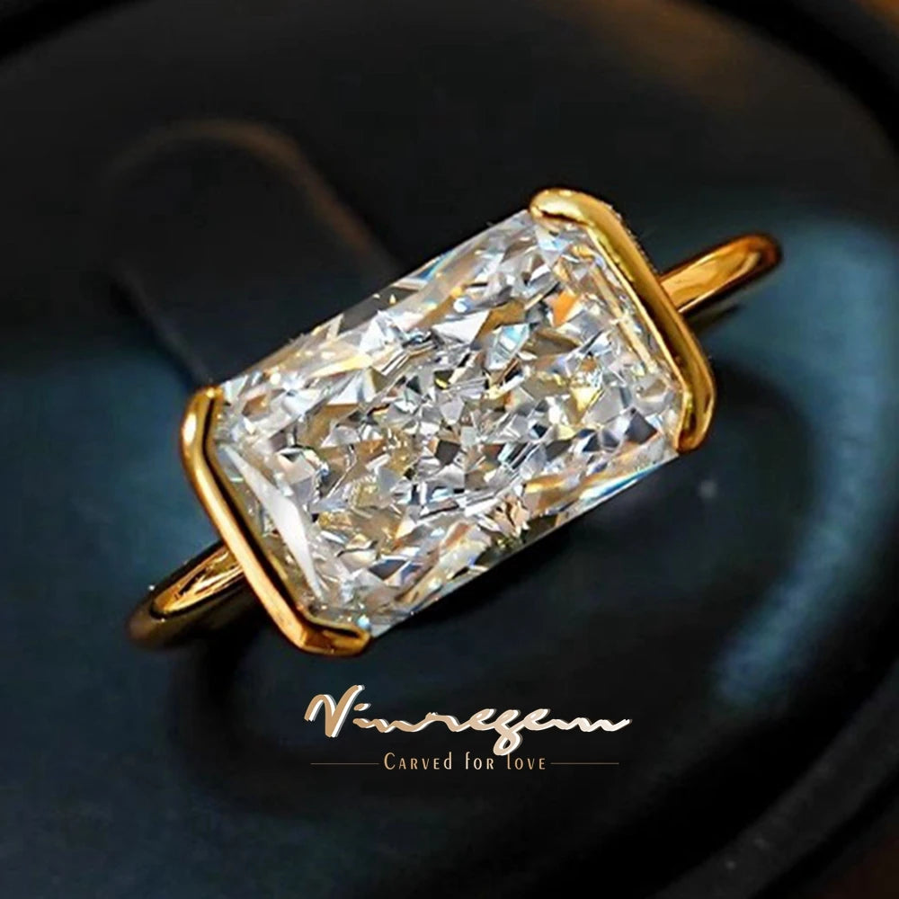 Vinregem 7*11 MM 4CT Crushed Ice Cut Lab Created Sapphire Gemstone 18K Gold Plated 925 Sterling Silver Women Rings Fine Jewelry