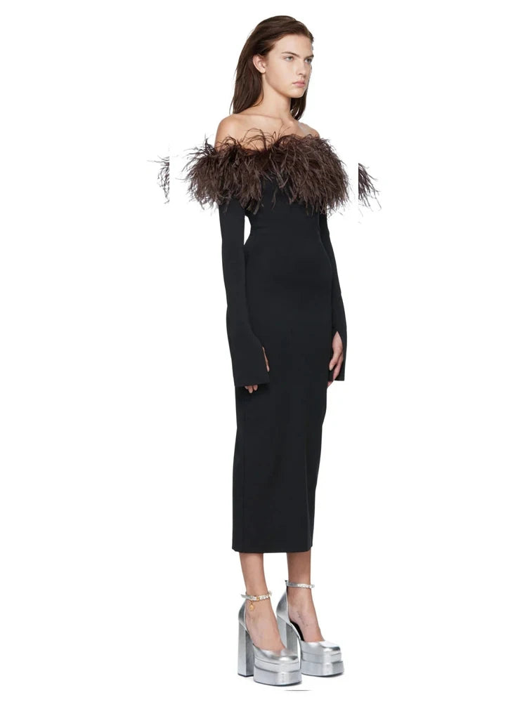 Off Shoulder Feather Sleeve Dress