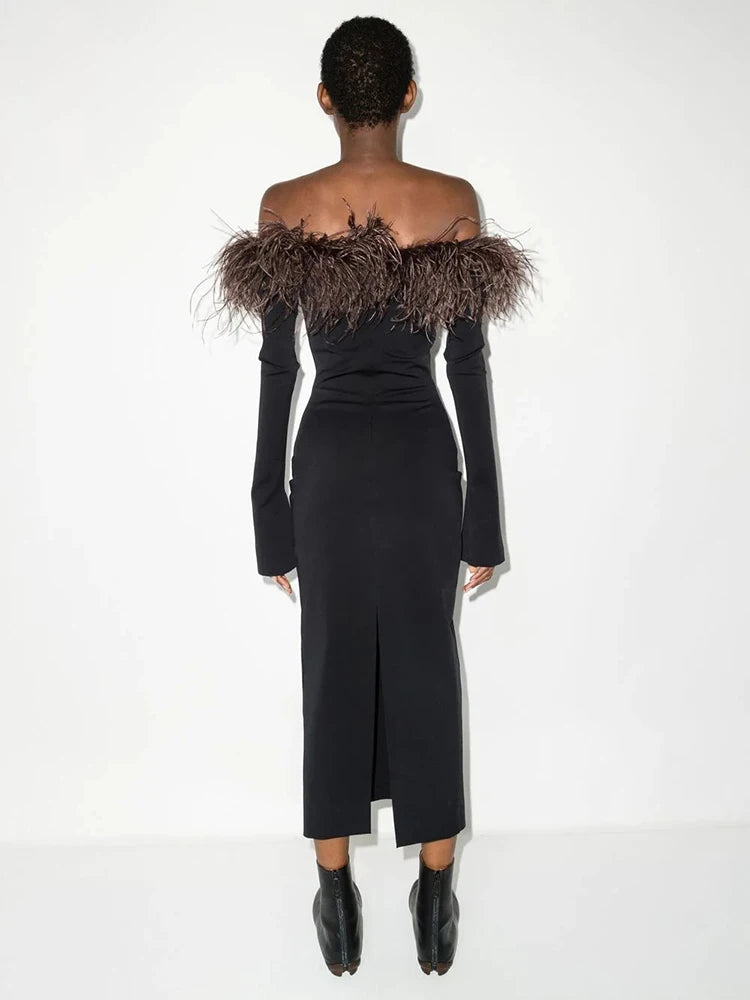 Off Shoulder Feather Sleeve Dress