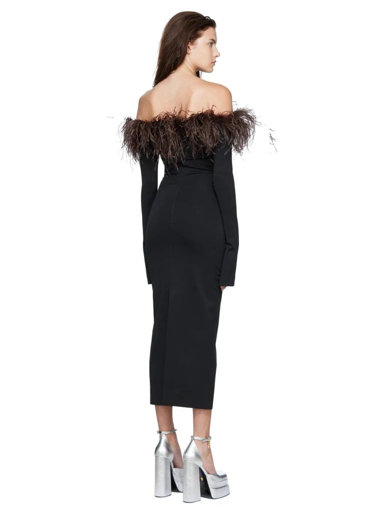 Off Shoulder Feather Sleeve Dress