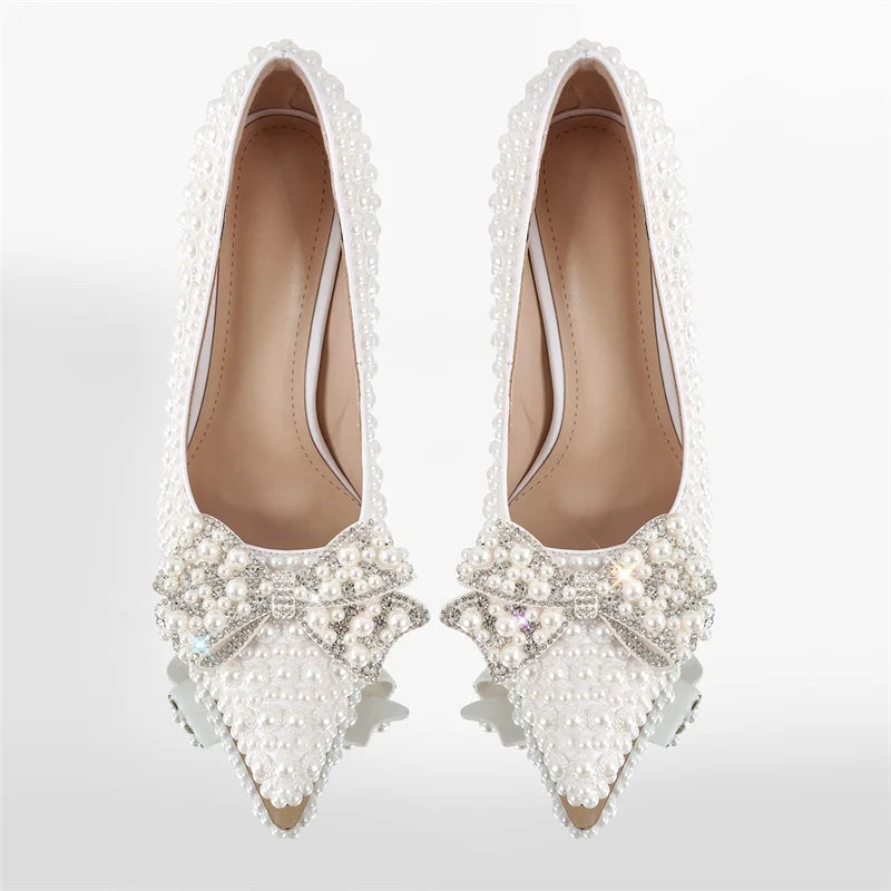 White Bridal Pumps Slip-On Pearl Crystal 11CM