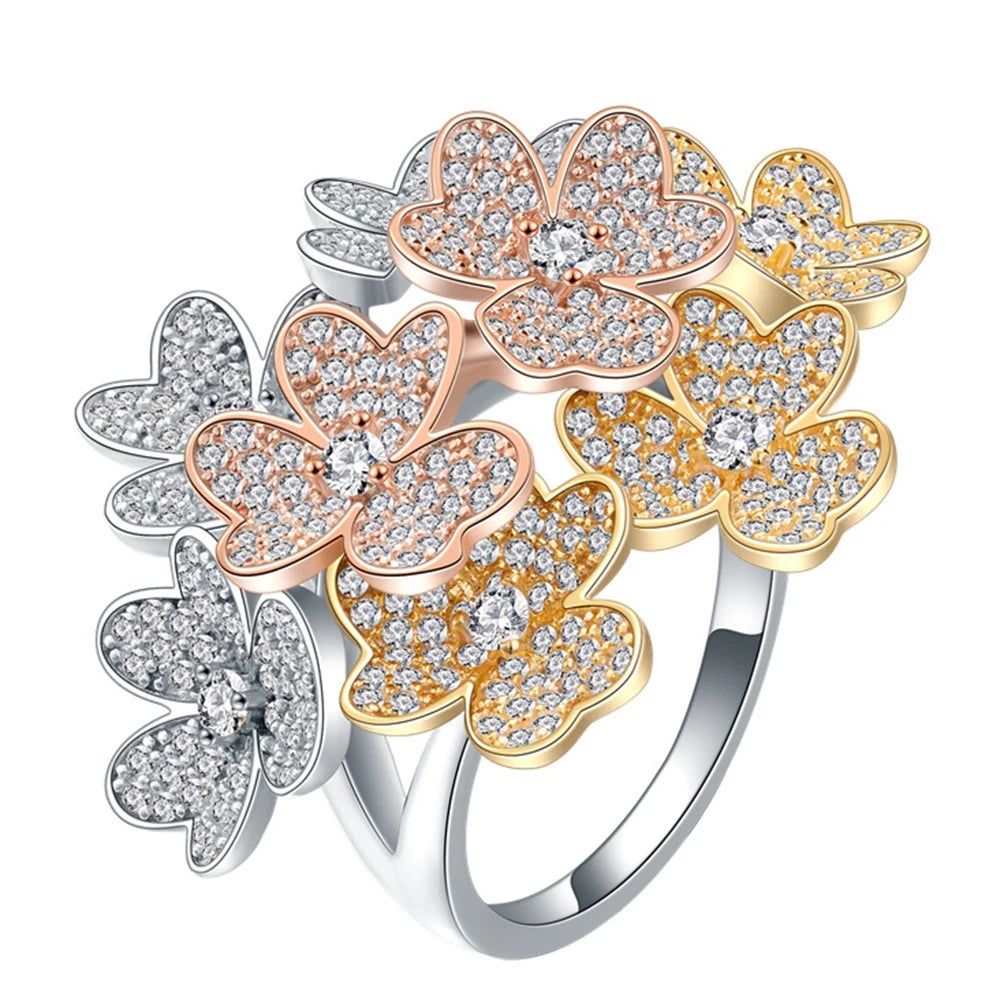 925 Sterling Silver Flowers High Carbon Diamond 18K Gold Plated Ring