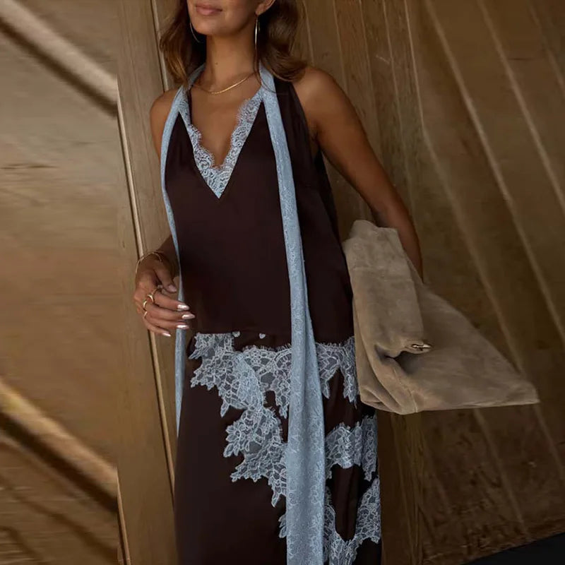 Elegant Lace Patchwork Vest Skirt Set