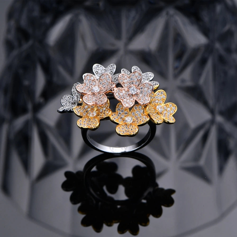 925 Sterling Silver Flowers High Carbon Diamond 18K Gold Plated Ring