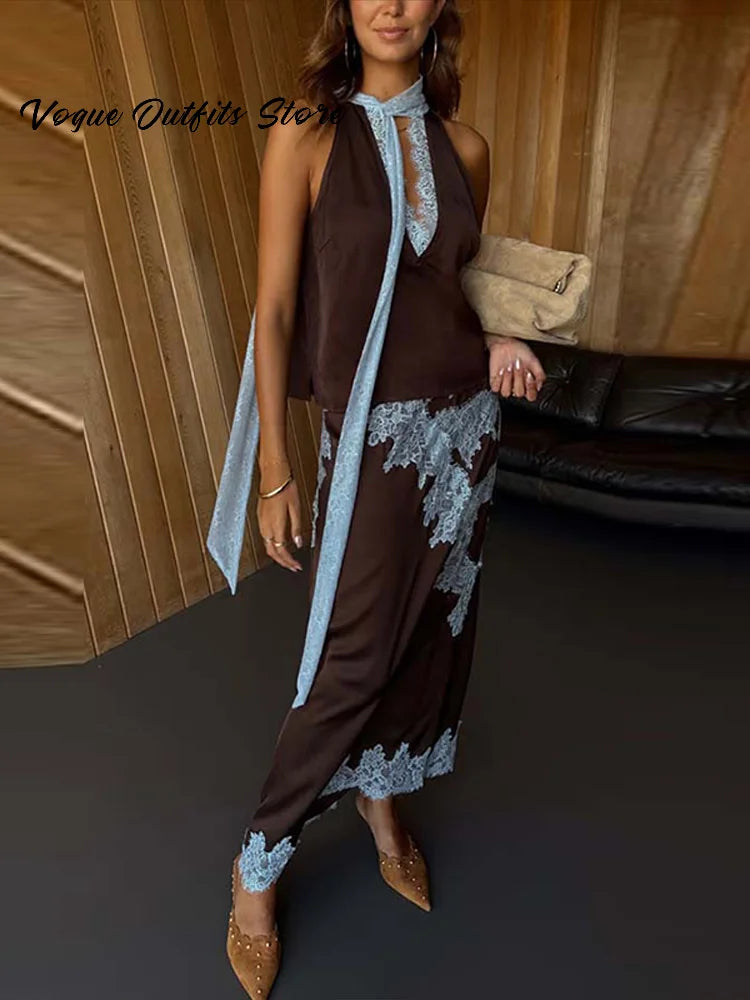 Elegant Lace Patchwork Vest Skirt Set