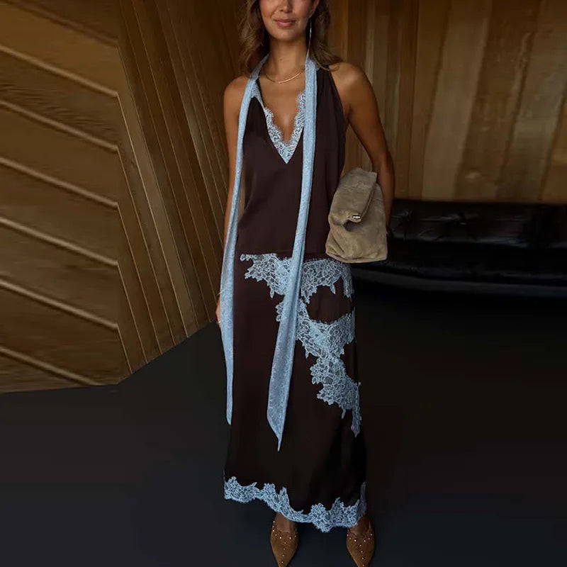 Elegant Lace Patchwork Vest Skirt Set