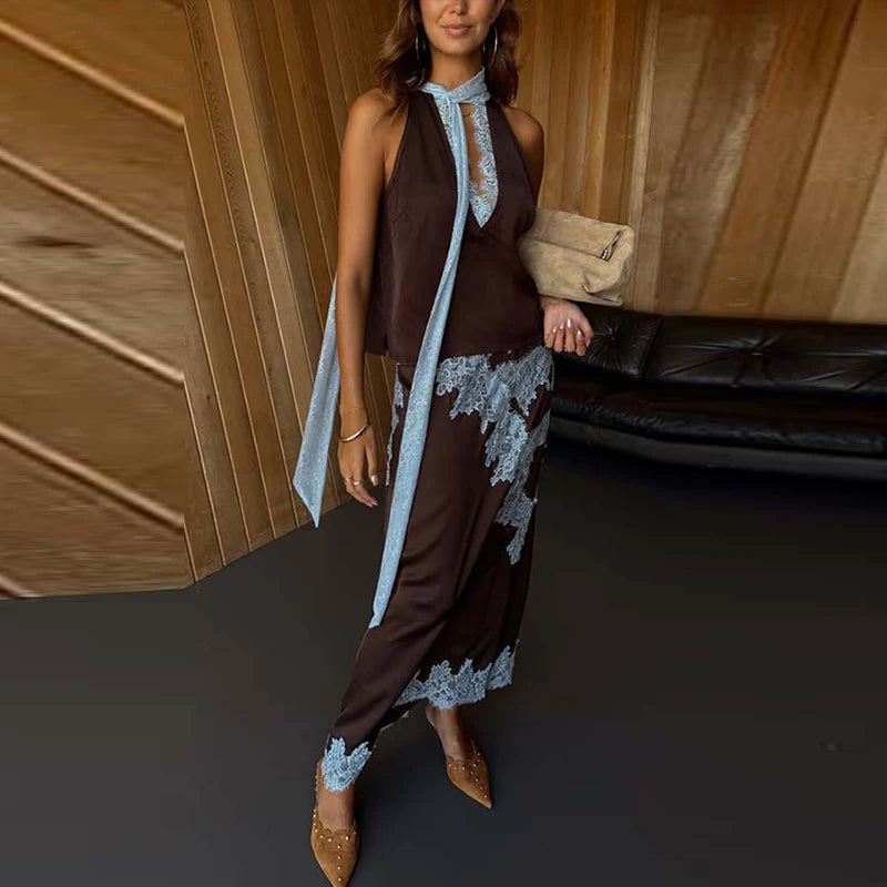 Elegant Lace Patchwork Vest Skirt Set