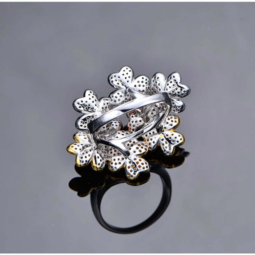 925 Sterling Silver Flowers High Carbon Diamond 18K Gold Plated Ring