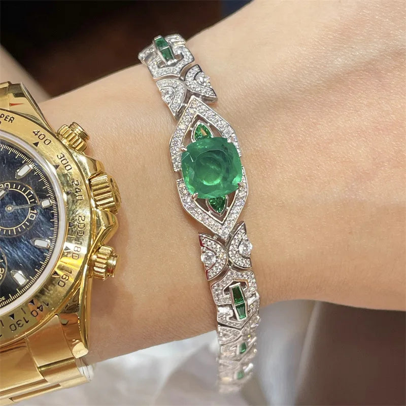 925 Sterling Silver Emerald High Carbon Diamonds Gemstone Bracelet