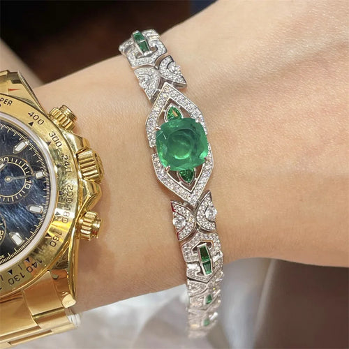 925 Sterling Silver Emerald High Carbon Diamonds Gemstone Bracelet