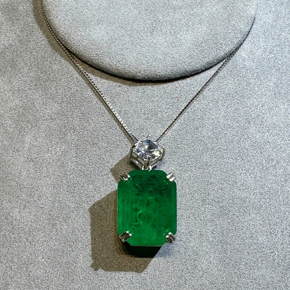 100% 925 Sterling Silver Sugar-loaf Cut 17*22 MM 22CT Emerald High Carbon Diamond Gems Pendant Necklace