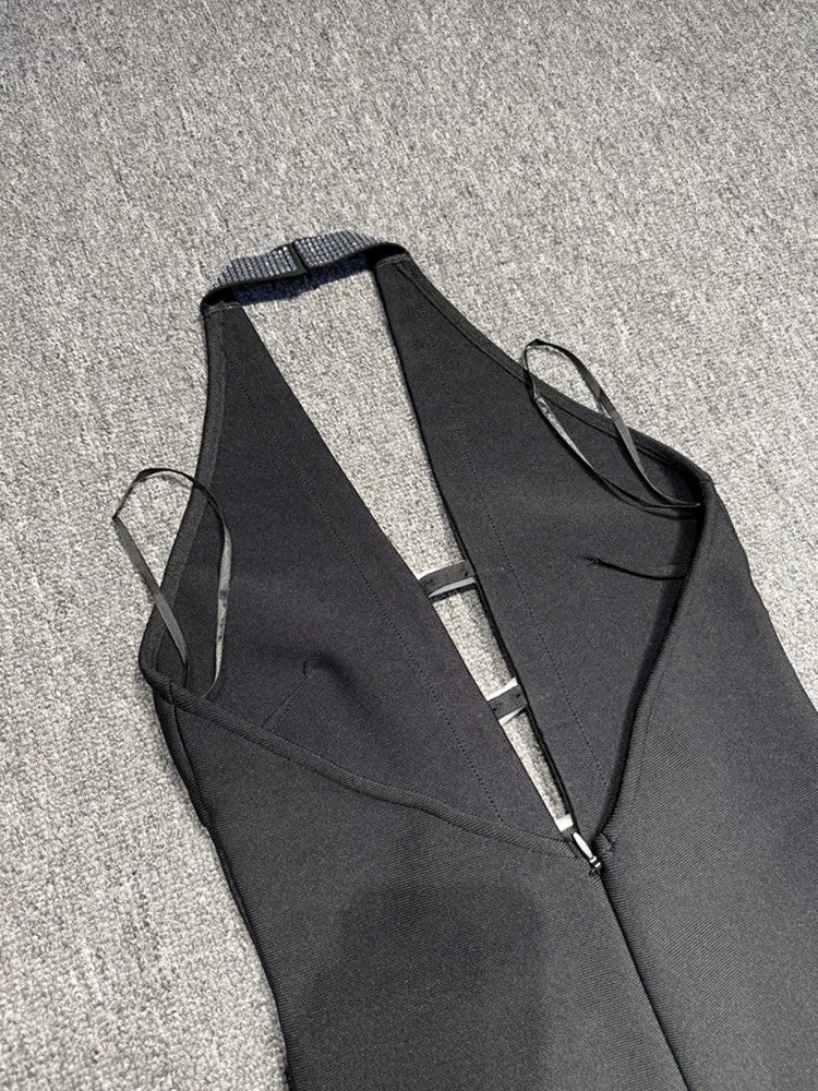 Halter Bow Tie Black Midi Dress