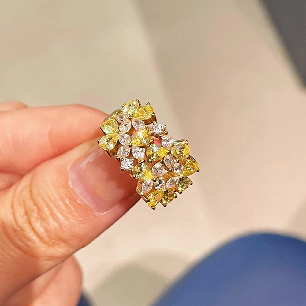 18K Gold Plated 925 Sterling Silver Citrine High Carbon Diamonds Cocktail Party Ring