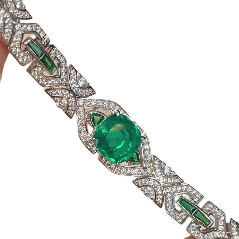 925 Sterling Silver Emerald High Carbon Diamonds Gemstone Bracelet