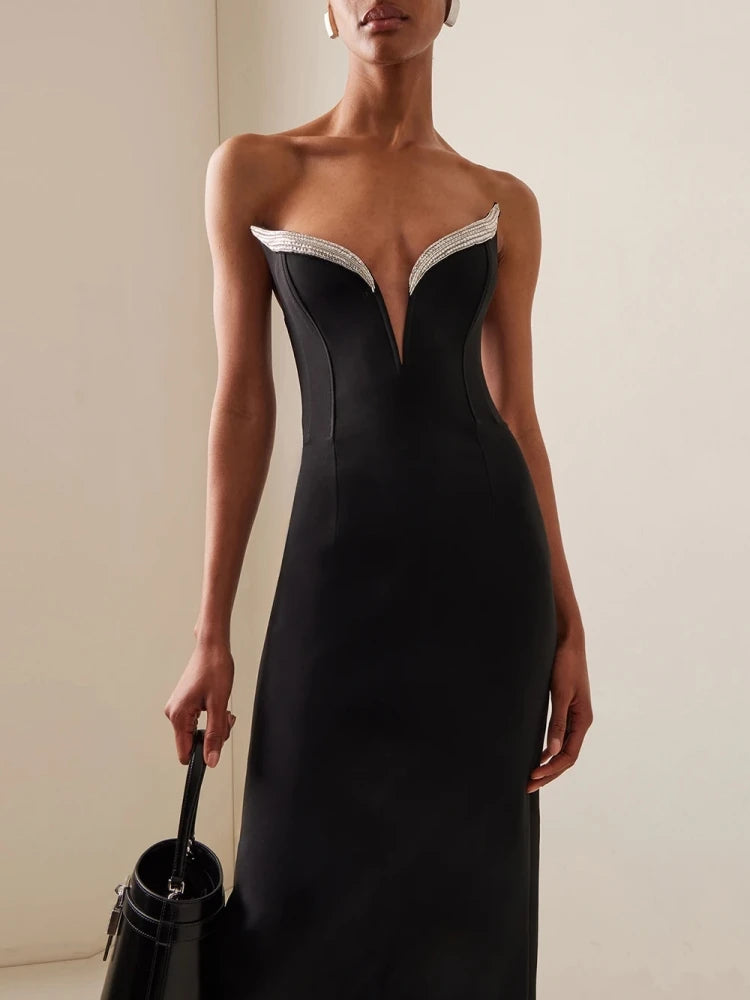 Strapless V Neck Diamonds Bandage Dress