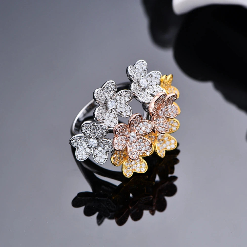 925 Sterling Silver Flowers High Carbon Diamond 18K Gold Plated Ring