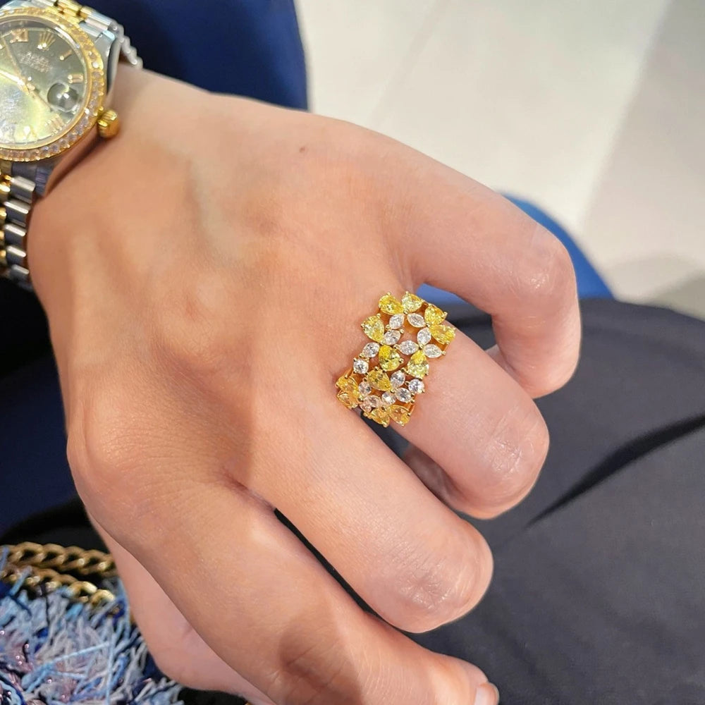 18K Gold Plated 925 Sterling Silver Citrine High Carbon Diamonds Cocktail Party Ring