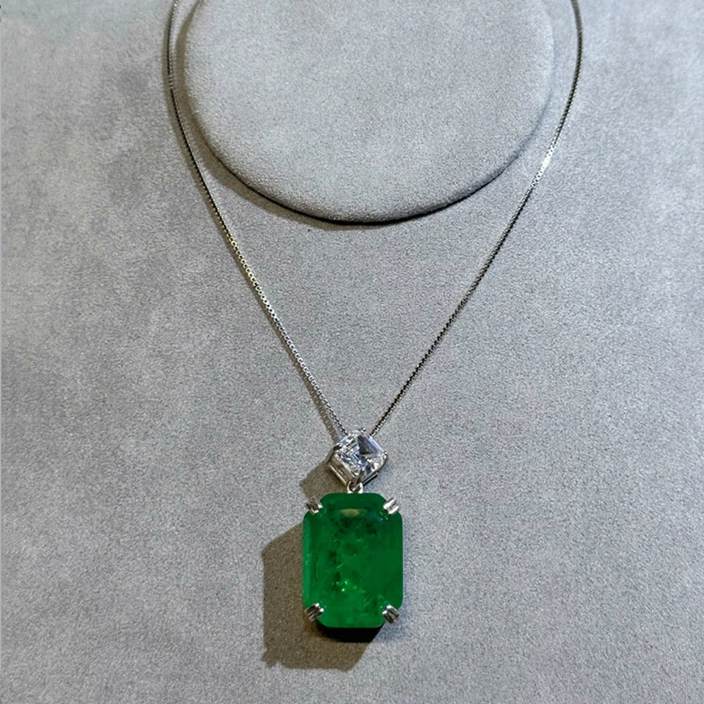 100% 925 Sterling Silver Sugar-loaf Cut 17*22 MM 22CT Emerald High Carbon Diamond Gems Pendant Necklace