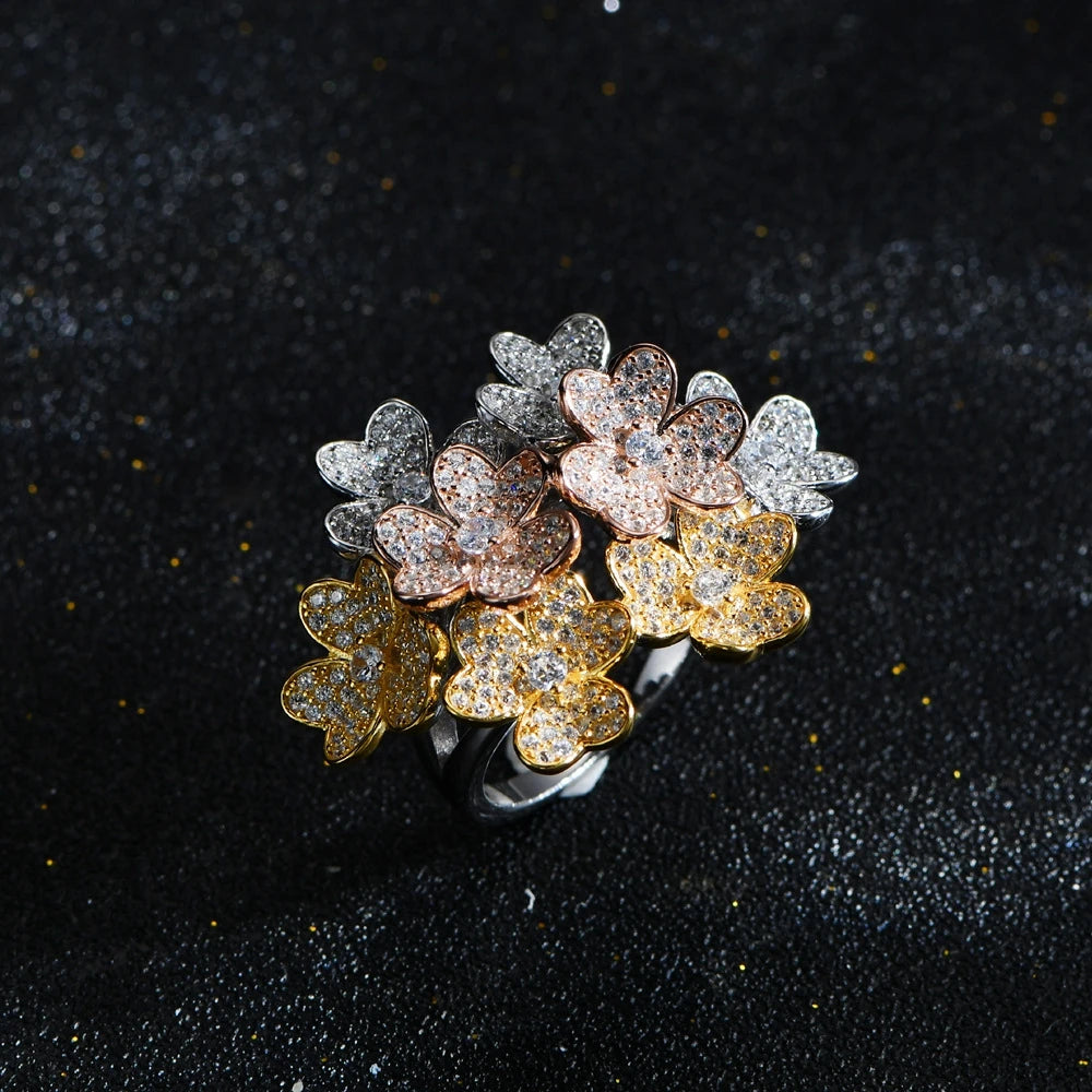 925 Sterling Silver Flowers High Carbon Diamond 18K Gold Plated Ring
