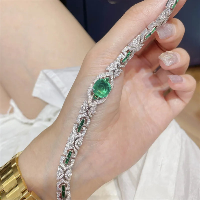 925 Sterling Silver Emerald High Carbon Diamonds Gemstone Bracelet