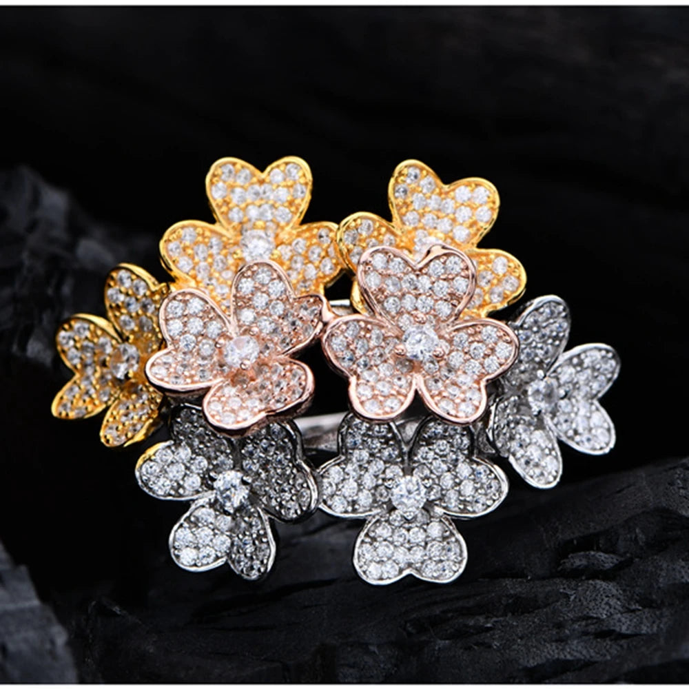 925 Sterling Silver Flowers High Carbon Diamond 18K Gold Plated Ring