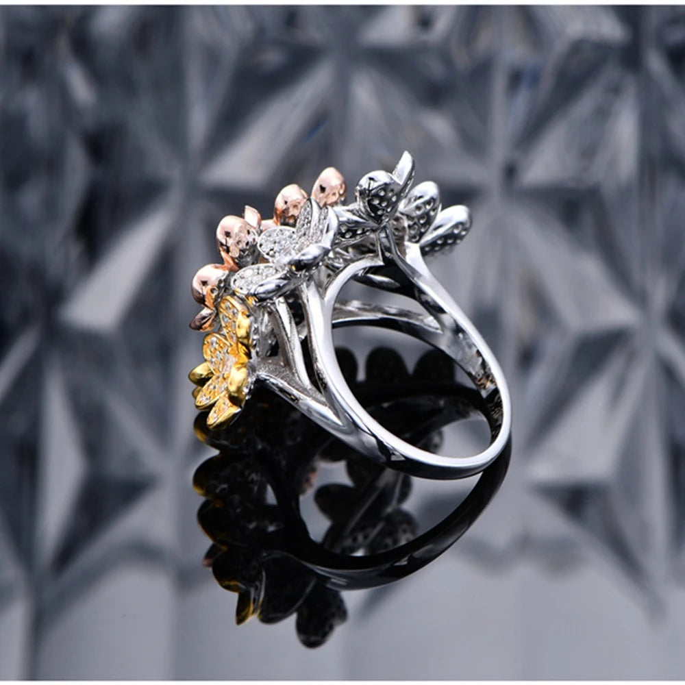 925 Sterling Silver Flowers High Carbon Diamond 18K Gold Plated Ring