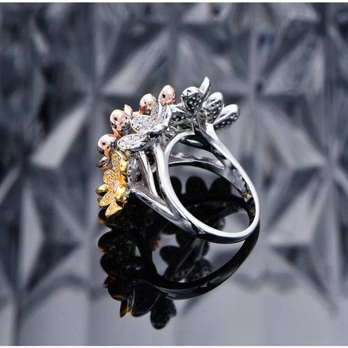925 Sterling Silver Flowers High Carbon Diamond 18K Gold Plated Ring