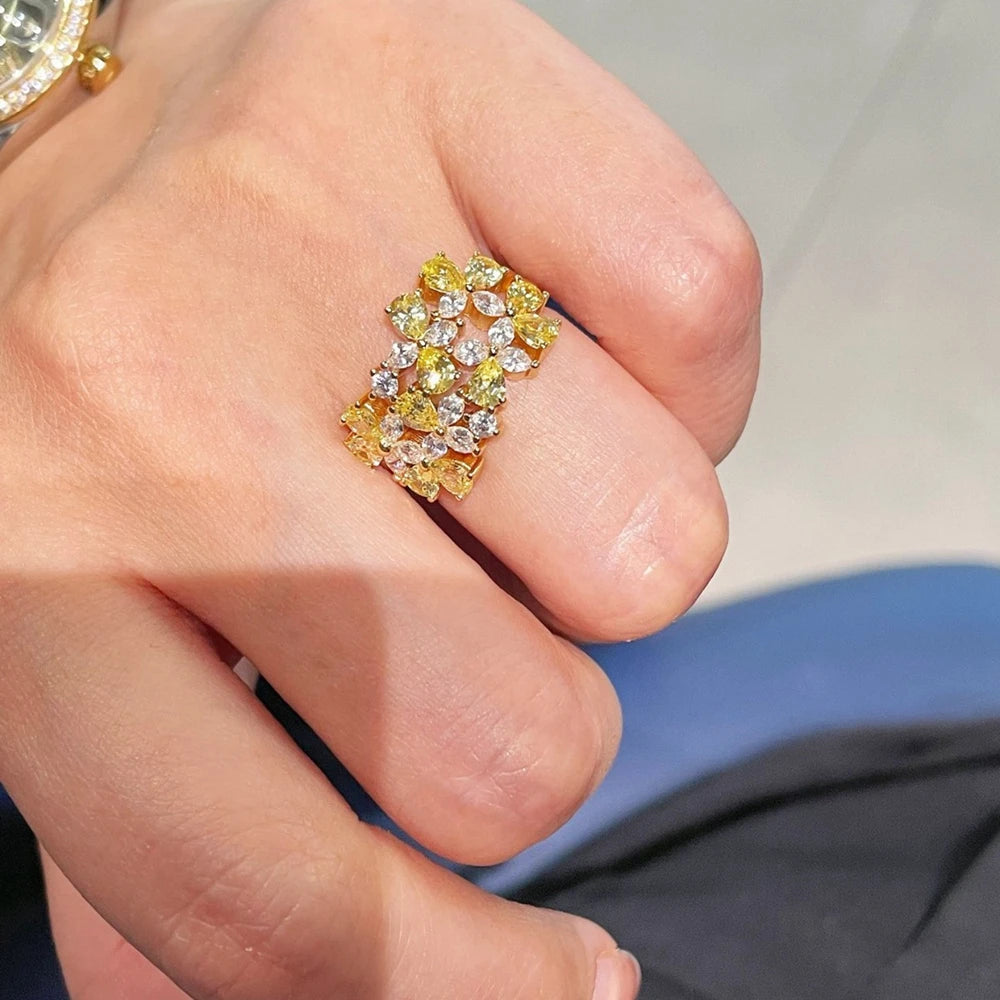 18K Gold Plated 925 Sterling Silver Citrine High Carbon Diamonds Cocktail Party Ring