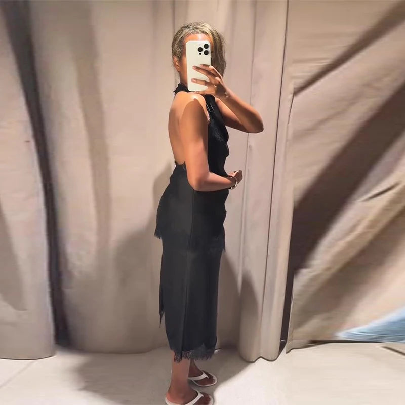 Elegant Lace Patchwork Vest Skirt Set